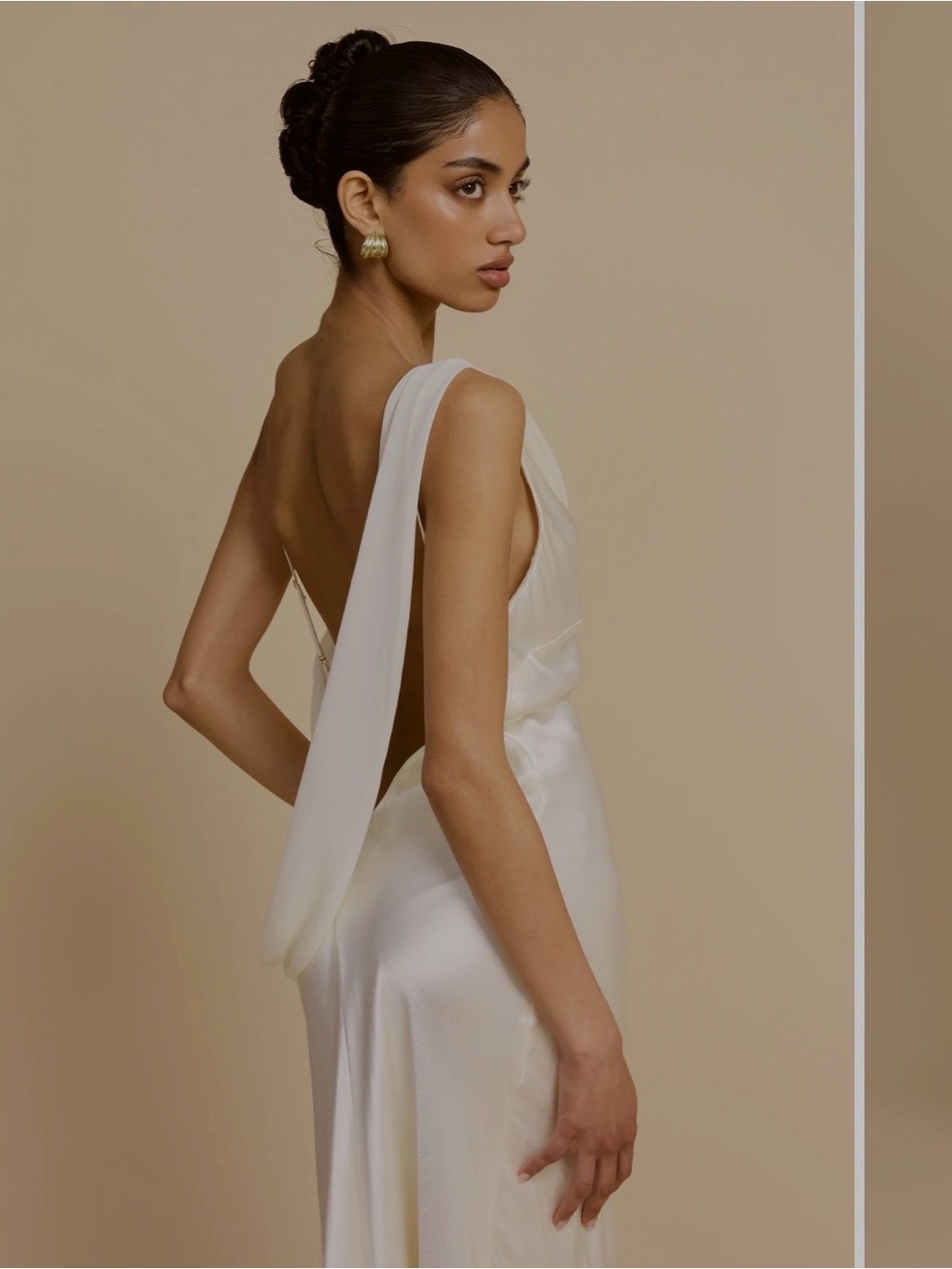 Arcina Ori Backless Ivory Satin Slip Dress with Draped Strap